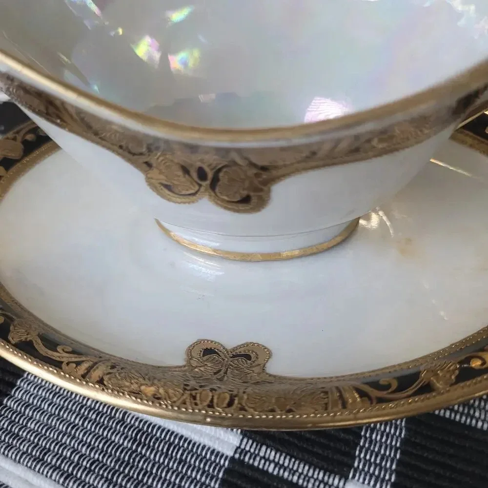 Antique Noritake Creamer Cup Saucer Japan Jeweled Gold Black Beaded Crestwood